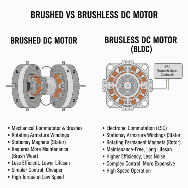 a explain diagram of Brushed vs Brushless DC Motor