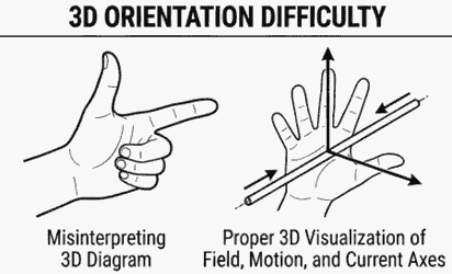 3D hand positioning diagram showing difficulty in aligning thumb, forefinger and middle finger at right angles in Fleming Right Hand Rule for induced current direction.