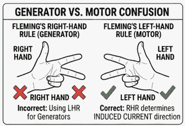 Comparison image explaining confusion between generator and motor concepts in Fleming Right Hand Rule with motion, magnetic field and current directions labeled.