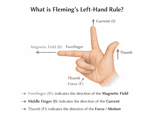 Fleming Left Hand Rule का लेबल्ड डायग्राम जिसमें अंगूठा बल, पहली उंगली चुंबकीय क्षेत्र और बीच की उंगली धारा दर्शाती है