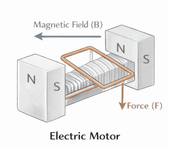 DC Electric Motor में Fleming Left Hand Rule के अनुसार धारा और चुंबकीय क्षेत्र से उत्पन्न बल की दिशा दर्शाता चित्र