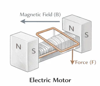 DC Electric Motor में Fleming Left Hand Rule के अनुसार धारा और चुंबकीय क्षेत्र से उत्पन्न बल की दिशा दर्शाता चित्र