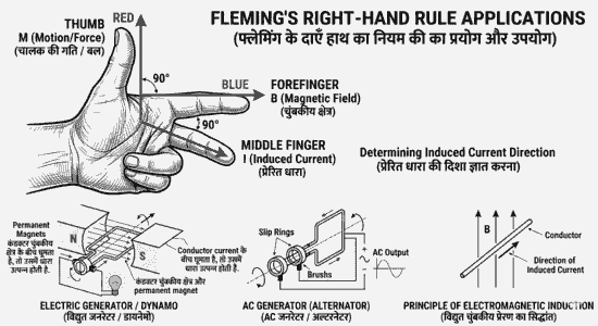 Educational illustration showing practical applications of Fleming Right Hand Rule in electric generator and electromagnetic induction systems. फ्लेमिंग का दाएँ हाथ का नियम