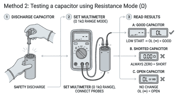 मल्टीमीटर के रेसिस्टेंस (Ohm) मोड में कैपेसिटर की जांच करते समय बदलती हुई रीडिंग दिखाता हुआ डिस्प्ले