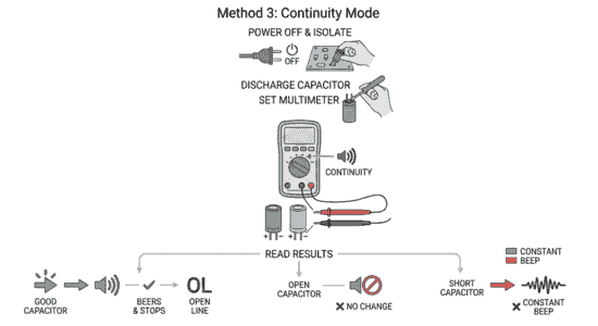 मल्टीमीटर के कंटिन्यूटी मोड से कैपेसिटर का क्विक टेस्ट करते समय बीप सिग्नल की जांच