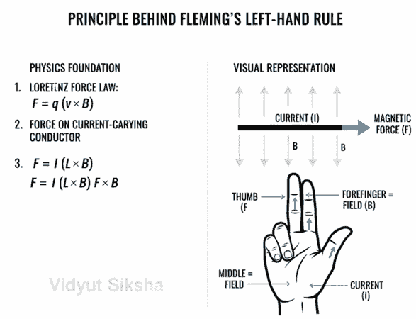 चुंबकीय क्षेत्र में रखे धारा-वाहक चालक पर लगने वाले बल की दिशा दर्शाता Fleming Left Hand Rule चित्र