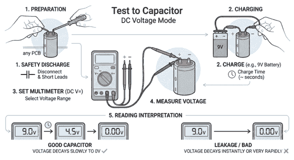 DC वोल्टेज मोड में चार्ज किए गए कैपेसिटर का वोल्टेज मापते हुए मल्टीमीटर – कैपेसिटर को मल्टीमीटर से कैसे चेक करें