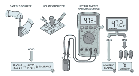 डिजिटल मल्टीमीटर में कैपेसिटेंस मोड पर कैपेसिटर की µF वैल्यू मापते हुए – कैपेसिटर को मल्टीमीटर से कैसे चेक करें