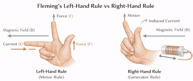 Fleming Left Hand Rule और Right Hand Rule का तुलनात्मक चित्र जिसमें मोटर और जनरेटर की दिशा दिखाई गई है