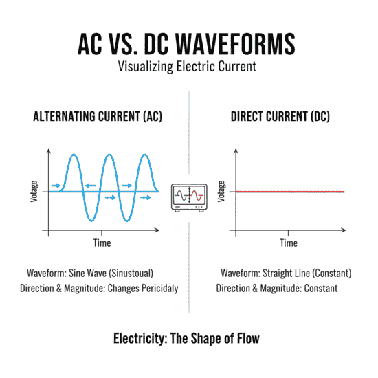 ac and dc waveform explain diagram (प्रत्यावर्ती धारा (AC) और प्रत्यक्ष धारा (DC)